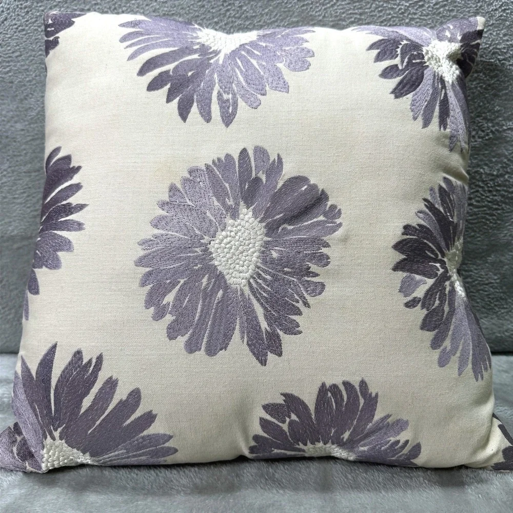 Pier 1 Embroidered Lavender Floral Throw Pillow Boho Cream Decorative Cushion